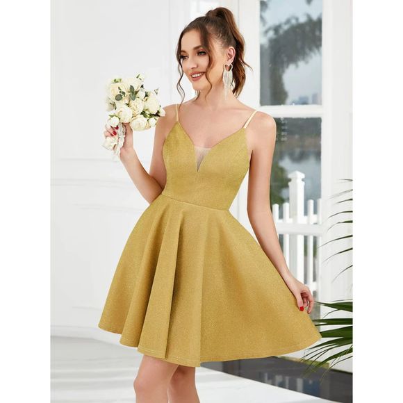 Fancy Shiny Deep V Neck Knee Length Prom Dress small / 4 - Picture 2 of 5